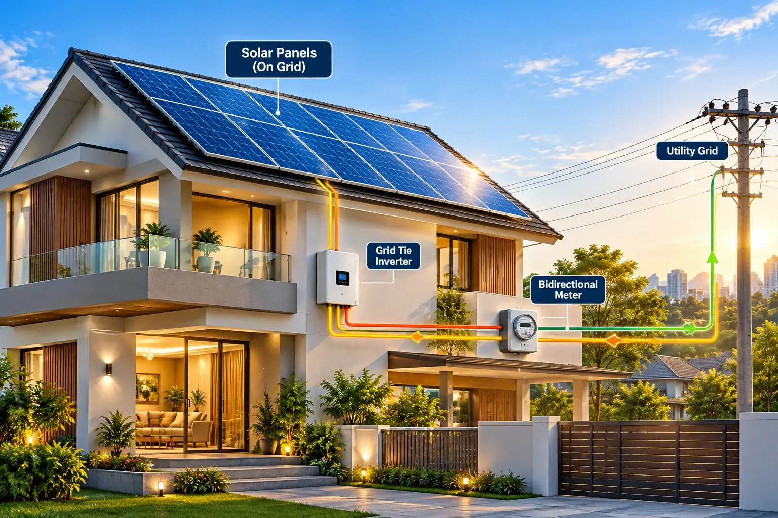 Residential home with an on-grid solar system